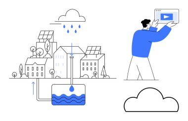 Binalar, güneş panelleri, su filtreleme sistemi, yağmur damlaları, dijital medyayı tutan adam. Sürdürülebilirlik, eko-yaşam, teknoloji, kentleşme ortamı yenilenebilir enerji için ideal