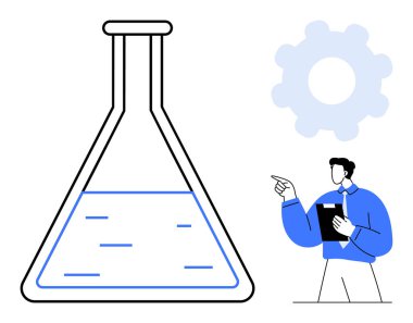 Profesyonel bir bilim adamının yanında elinde bir defter tutan ve onu işaret eden bir sıvı bulunan laboratuvar şişesi. Vites simgesi analitik düşünmeyi sembolize eder. Bilim, araştırma, yenilik, eğitim ve laboratuvar için ideal