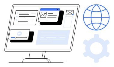 Tarayıcı sekmeleri, video oynatıcısı ve e- posta açılır pencereli bilgisayar monitörü. İnternet küresi ve teçhizatı bağlantı, özelleştirme ve işlevselliği iletir. Teknoloji, ağ geliştirme ve dijital için ideal
