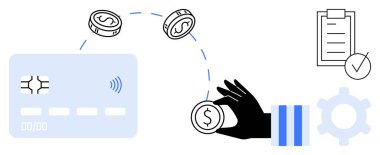 Temassız bir ödeme kartının, viteslerin ve ödeme, finans, işlem ve bankacılığı sembolize eden bir kontrol listesinin yanına para koymak. Fintech, e-ticaret, tasarruf işi otomasyonu için ideal