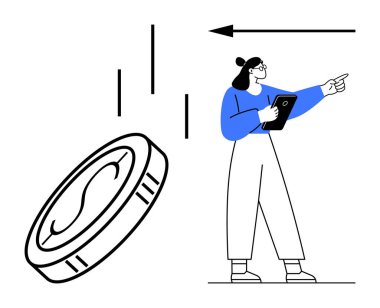 Kadın figürleri, madeni para, analiz ve yatırımı sembolize eden, madeni para ve bar tabletinin yanında kendine güvenle duran jestler. Finans, iş, analitik, strateji, eğitim girişimciliği için ideal