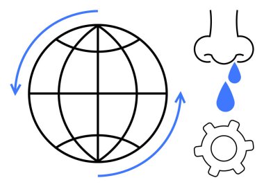 Etrafı oklarla çevrili, burnu mavi damlalarla çevrili ve alet edevat küresel alerjileri, sağlığı ve çözümleri simgeliyor. Sağlık, çevre, yenilik, tıp farkındalığı için idealdir.