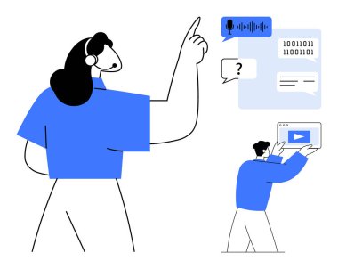 Kadın ses dalgası ve dijital arayüz simgelerinde el kol hareketi yapıyor, erkek oyun ekranını tutuyor. Teknoloji, iletişim, işbirliği, öğrenme, veri, kullanıcı deneyimi ve basit iniş sayfası için ideal