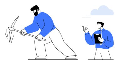 Kazma kullanan erkek işçi, yöneticinin denetimi altında elinde dosya tutarak yönünü gösteriyor. Takım çalışması, liderlik, emek, hiyerarşi, rehberlik, üretkenlik endüstrisi için ideal. Düz