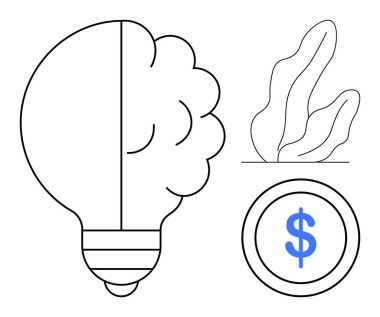 Ampul ve beyin birleşimi yeniliği, madeni para ile finans ve doğa için bitki işaretini sembolize eder. Fikirler, sürdürülebilirlik, yaratıcılık, girişimler, para, ekonomi için ideal