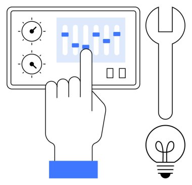 Kontrol panelindeki sürgüleri ayarlamak, fikir için aletleri ve ampulleri sembolize eden ingiliz anahtarı. Teknoloji, yenilik, onarım, yaratıcılık, mühendislik, kişiselleştirme takım çalışması için idealdir. Düz