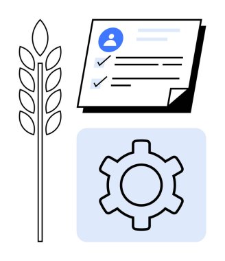 Buğday sapı, kullanıcı profili ve kontrol işaretli kontrol listesi belgesi, dişli simgesi. Üretkenlik, tarım, yönetim, süreç otomasyonu, planlama, kırsal gelişim için ideal basit iniş sayfası