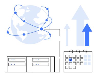 Küresel ağ, veri sunucuları, büyüme okları ve takvimi olan bir dünya. Teknoloji, bulut hesaplama, veri yönetimi, küresel ulaşım, iş planlama büyüme eğilimleri için ideal düz metafor