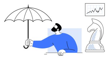 Analiz için strateji çizelgesi için satranç şövalyesini sembolize eden bir şemsiye tutan adam. Sigorta, iş stratejisi, finans, liderlik, güvenlik, planlama, düz metafor için ideal