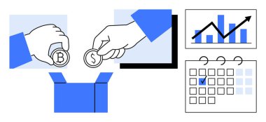 Eller para birimini bir kutuya, yukarı doğru grafiğe ve işaretli takvime yerleştiriyor. Finansal planlamayı, yatırımı, takım çalışmasını ve gelecekteki büyümeyi simgeliyor. Finans, takım çalışması ve yatırım yapmak için ideal