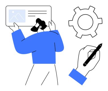 İçinde resim ve metin öğeleri olan bir içerik kartı tutan adam, ayarlar veya mekanikler için vites, kalemle el yazısı. Yaratıcılık, gelişme, üretkenlik, planlama, öğrenme, pazarlama için ideal