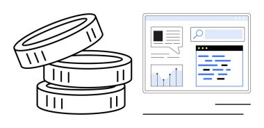 Arama çubuğu, grafikler ve metin içeriğini gösteren web arayüzünün yanına istiflenmiş paralar. Finans, bütçe, analitik, e-ticaret, çevrimiçi iş, yatırımlar için ideal