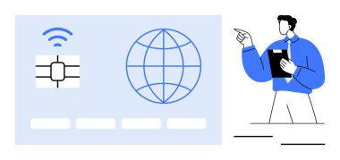 Elinde bir pano olan adam, kablosuz ağ çipi, dünya ve veri alanlarının yer aldığı dijital arayüze doğru hareketler yapıyor. Teknoloji, yenilik, IOT, ağ, küresel iletişim ve eğitim için ideal