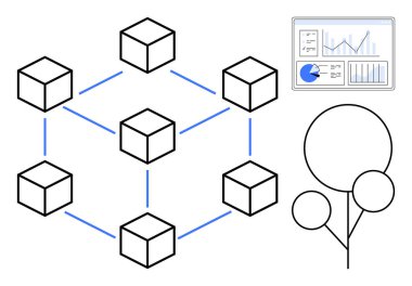 Birbirine bağlı küpler bir engelleme ağını temsil eden çizgiler, grafikli analitik gösterge paneli ve soyut ağaç diyagramı ile birbirine bağlı. Teknoloji, veri bilimi, finans ve yenilik için ideal