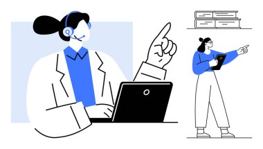 Kulaklıklı bir kadın dizüstü bilgisayar kullanıyor, bir diğeri tabletle işaret ediyor, kitaplar yukarıda. Takım çalışması, eğitim, webinar, dijital destek, danışmanlık, müşteri hizmetleri sade iniş sayfası için ideal