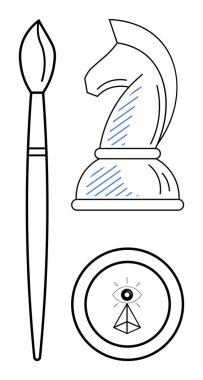 Sanatsal yaratıcılık için boya fırçası, stratejik düşünce için satranç şövalyesi, vizyon için soyut göz sembolü. Sanat, strateji, içgörü, yenilik, liderlik planlama yaratıcı düşünce için idealdir. Düz