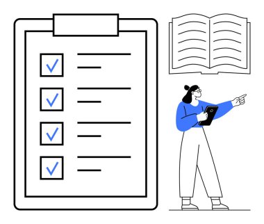Kontrol işaretli büyük bir liste, açık bir kitap ve elinde tablet olan bir kadın. Eğitim, proje yönetimi, planlama, organizasyon, strateji, takım çalışması için ideal basit bir iniş sayfası