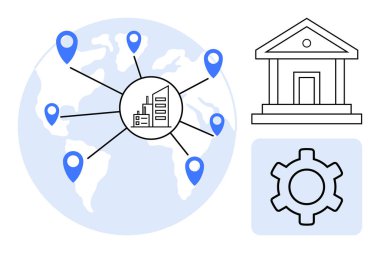 Merkezi bir iş merkezine bağlı konum işaretleri olan bir dünya haritası, bir bina sembolü ve ayarları teçhizatı ile birlikte. Küreselleşme, iş operasyonları, ağ oluşturma, strateji ve yönetim için ideal