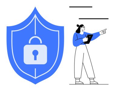 Elinde tablet tutan kadın, içinde asma kilit, siber güvenlik, mahremiyet ve korunmayı sembolize eden büyük bir kalkan ikonuna işaret ediyor. Teknoloji, çevrimiçi güvenlik, veri şifreleme, bilişim kavramları için ideal
