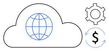 Küresel bulut, vites sembolü ve oklu dolar küresel bulut hizmetleri, yenilik, finans ve otomasyonu vurguluyor. Teknoloji, iş, ekonomi küreselleşme fintech için ideal