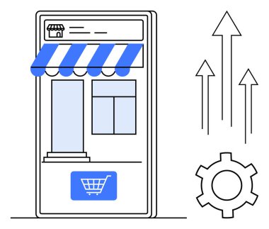 Akıllı telefon, dükkan önü, alışveriş arabası düğmesi, büyüme okları ve vites simgesi. E-ticaret, dijital pazarlama, iş geliştirme, çevrimiçi satışlar, ekonomik büyüme, girişimcilik için ideal
