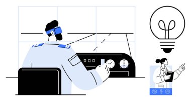 Pilot uçak kontrollerini sanal özelliklerle yönetiyor. Yaratıcılığı temsil eden aydınlatılmış ampul. Havacılık, teknoloji, yenilik, liderlik, fütüristik kavramlar, simülasyon için ideal