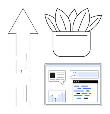 Dikey ok yükseliyor, yapraklı saksı bitkisi ve haritalı dijital torpido gözü ve arama çubuğu. Büyüme, analitik, başarı, çevre dostu çözümler, yenilik, üretkenlik için ideal basit