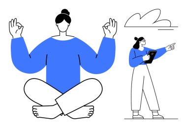 Meditasyon yapan biri sakin jestler ve işaret ederken tabletten bir başka okuma ile çapraz bağlıdır. Sağlık, farkındalık, odaklanma, denge, farkındalık uygulamaları, üretkenlik, basitlik için ideal