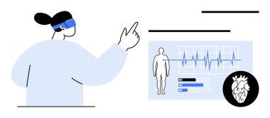 AR gözlüğü takan kişi, insan anatomisi, kalp ve EKG ölçümleri de dahil olmak üzere tıbbi veri göstergeleriyle etkileşime girer. Sağlık teknolojisi, yenilik, AR, dijital araçlar, tanı, sanal için ideal