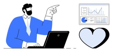 İş adamı kalp sembolünün yanındaki analitik gösterge paneline işaret ediyor. Takım çalışması, karar verme, iş büyümesi, liderlik, veri analizi, insan odaklı tasarım, basit iniş sayfası için ideal
