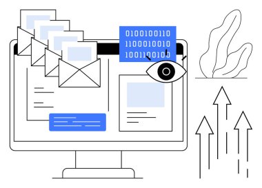 E- posta, ikili kod, göz görselleştirme, büyüme okları ve soyut bitki içeren bilgisayar ekranı. Dijital pazarlama, e-posta kampanyaları, veri analizleri, siber güvenlik yenilik verimliliği için ideal