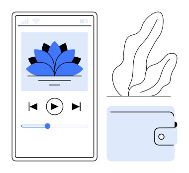 Çiçekli sanat eserleri, kontrol düğmeleri ve ses kaydıracıyla birlikte minimalist bitki ve cüzdan tasarımı içeren akıllı telefon ekranı. Uygulamalar, teknoloji ve dijital için ideal