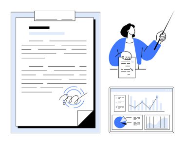 Panoda imzalı belge, kalemle sunulan kişi ve ekranda analiz. İş stratejisi, dokümantasyon, analitik, takım çalışması, karar verme, sözleşmeler için ideal