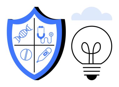 Kalkanlar DNA, steteskop, hap, termometre ve yenilikler için ampulle birlikte dörde bölünmüş durumda. Sağlık, güvenlik, koruma, yenilikçi tıp teknolojisi önleme için ideal