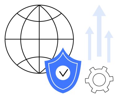 Dünya küresi, işaretli güvenlik kalkanı, yukarı doğru büyüyen oklar, dişli simgesi araçları simgeliyor. Güvenlik, iş, teknoloji, internet, ilerleme geliştirme için ideal basit iniş sayfası