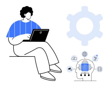 Çarkın yanına oturmuş bir dizüstü bilgisayar kullanan ve teknik simgelerle donatılmış bir sinir ağı kullanan biri. Yapay zeka, makine öğrenimi, teknoloji gelişimi, dijital dönüşüm, otomasyon, yenilik için ideal