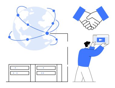 Bağlı düğümleri olan dünya, ortaklığı simgeleyen tokalaşma, dijital içeriği yöneten kişi, veri sunucuları. Teknoloji, küresel ağlar, işbirliği, içerik yönetimi, bulut depolama için ideal