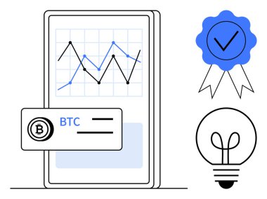 Bitcoin grafik analizi, kripto para birimi kartı, sertifika kartı ve ilham verici fikirler gösteren akıllı telefon. Finans, teknoloji, kripto para birimi, blok zinciri, yenilik dijital için ideal