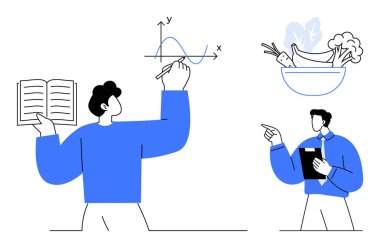 Adam kitapla matematik grafiği çizerken, diğeri arka planda meyve kasesi ve sebze notlarını tartışır. Eğitim, sağlık, beslenme, öğretim, analiz, planlama dairesi için ideal