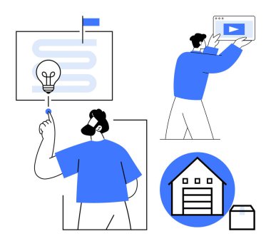 Ampul fikri, tabletli insan, depo ikonu, soyut yollar. Yenilik, strateji, öğrenme, yaratıcı çözümler, teknoloji lojistiği için ideal basit iniş sayfası