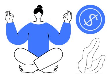 Oturmuş meditasyon, dolar simgesi finans, sükunet için minimalist bitki. Farkındalık, finans, denge, öz bakım, sadelik, stres yönetimi basit iniş sayfası için ideal
