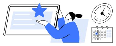 Tabletle etkileşime giren bir kadın saat ve işaretli takvimle birlikte bir yıldız sergiliyor. Üretkenlik, programlama, hedefler, planlama, zaman yönetimi, organizasyon başarısı için idealdir. Düz