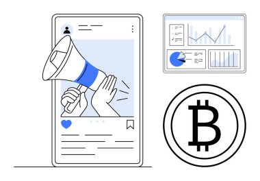 Tablette megafonla sosyal paylaşım yer alıyor. Grafikler ve Bitcoin logosu kripto para kullanımını vurguluyor. Pazarlama, finans, teknoloji, analitik, kripto para birimi, fintech, basit iniş sayfası için ideal