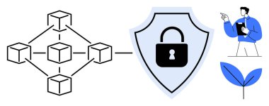 Güvenli bir kalkan içinde birleşen blok zinciri düğümleri, verilere bakan bir kişi ve büyüyen yapraklar. Teknoloji, güvenlik, sürdürülebilirlik, yenilik, analiz, gizlilik eko-bilinç için ideal