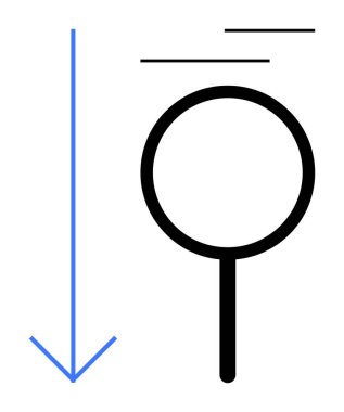 Üzerinde yatay çizgiler olan mavi aşağı doğru bir okun yanında büyüteç, araştırmayı, eğilim analizini veya araştırmayı simgeliyor. Veri analizi, eğitim, bilgi araması, araştırma için ideal