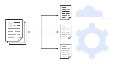 Bireysel dosyalara, bir bulut simgesine ve bir teçhizata bağlı dökümanlar yığını. İş akışı, otomasyon, bulut hesaplama, veri yönetimi, verimlilik, organizasyon için ideal