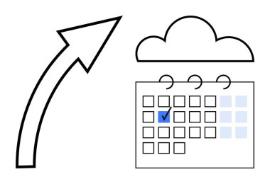 Bulutun altında işaretlenmiş tarih ve ilerleyişi ya da gelecek planlamasını gösteren yukarı doğru ok takvimi. Üretkenlik, bulut hesaplama, programlama, planlama, hedefler, çevrimiçi araçlar, ilerleme için ideal