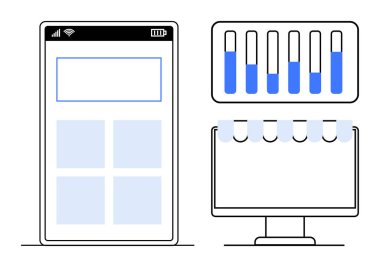 Izgara düzeni, bar grafik analizleri ve masaüstü takvim penceresi ile akıllı telefon uygulaması arayüzü. Teknoloji için ideal, UI tasarım, uygulama geliştirme, veri görselleştirme, proje yönetimi, iş sade