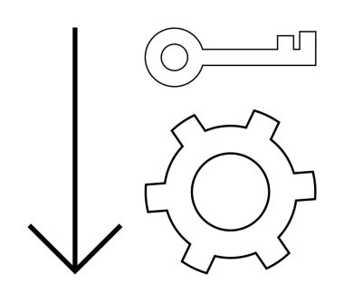 Aşağı ok, anahtar ve dişli simgeleri yön, erişim, araçlar ve işlemleri sembolize etmek için birleşir. Basit iniş sayfası için navigasyon, ayarlar, iş akışı optimizasyonu güvenlik süreci için ideal