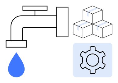 Su musluğu bir damla salıyor, paketlenmiş kutular yığını, ve ışık mavisi üzerinde çark işareti kaynak akışı, lojistik, optimizasyon, tedarik zinciri, otomasyon, su yönetimi basit iniş sayfası